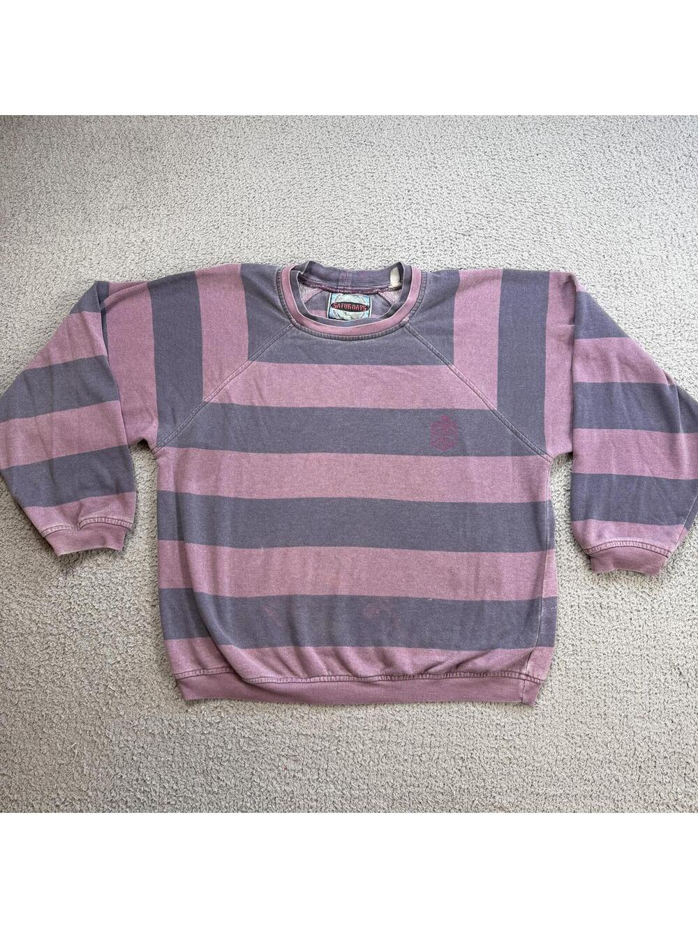 Vintage 80s Saturdays Sporting Goods Striped Sweatshirt Mens L Purple Made Korea